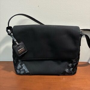 Nine West Shoulder Bag Purse Black Canvas w/ Leather-Look Woven Accents